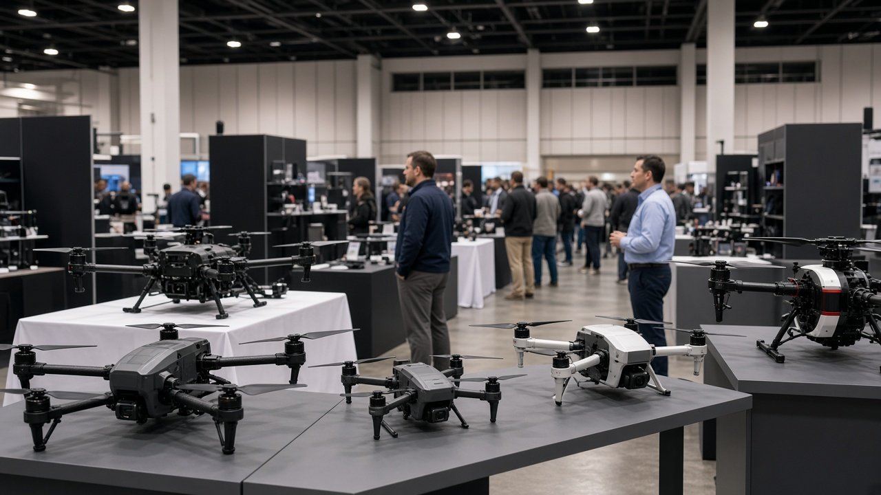 Utstillingshall med dronestand og besøkende fagfolk under en amerikansk bransjemesse for kommersielle droner