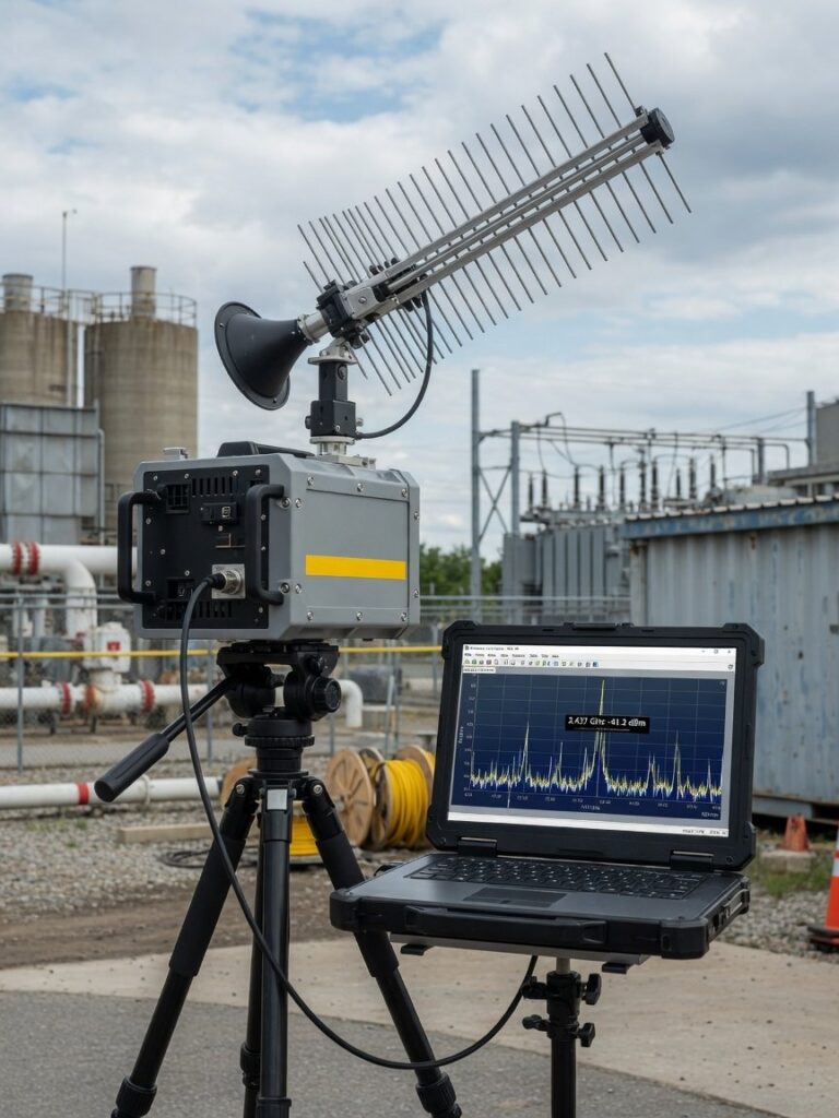 Bærbar RF-sensor med retningsantenne montert på stativ ved et industrianlegg, med skjerm som viser signaldata