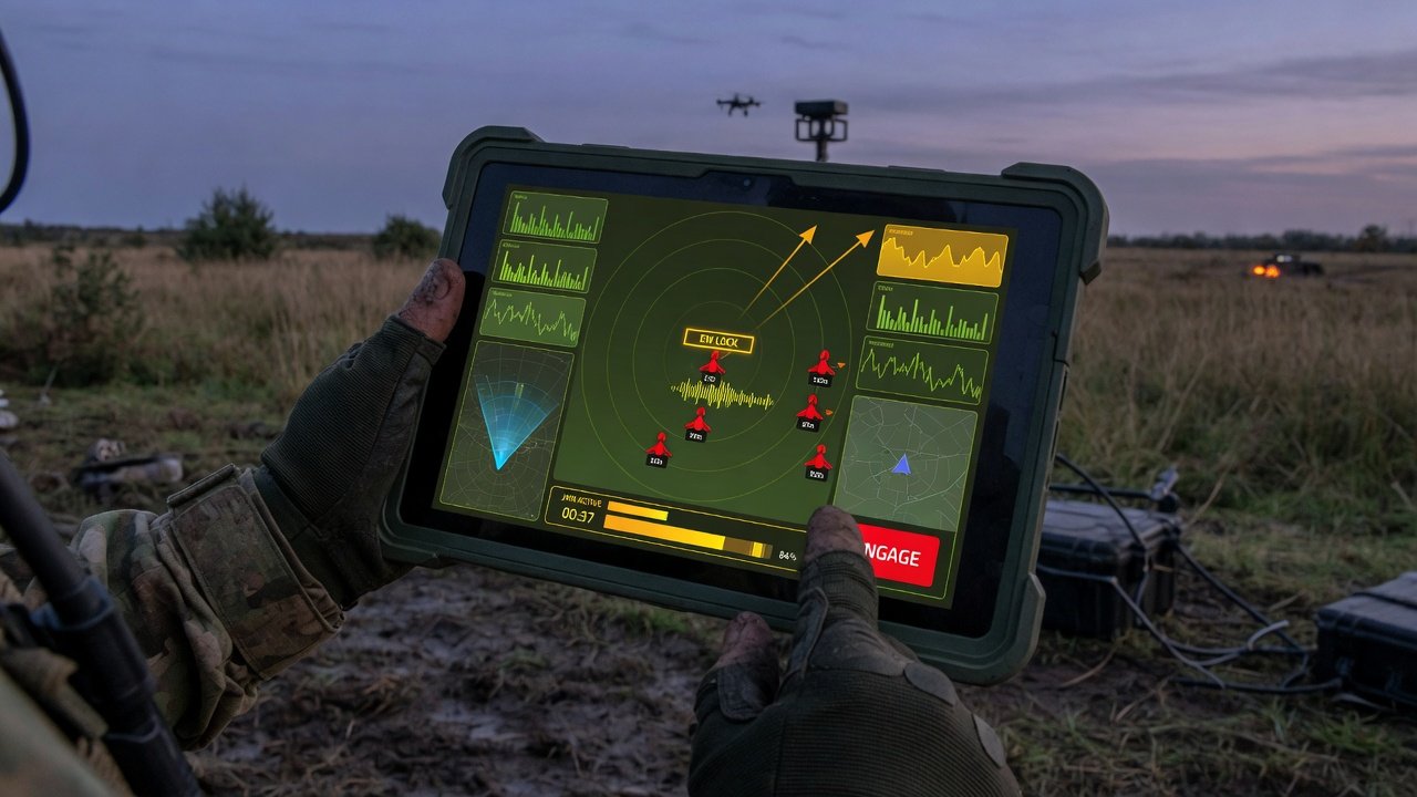 Soldat bruker et bærebart motdrone-system på et nettbrett i felt