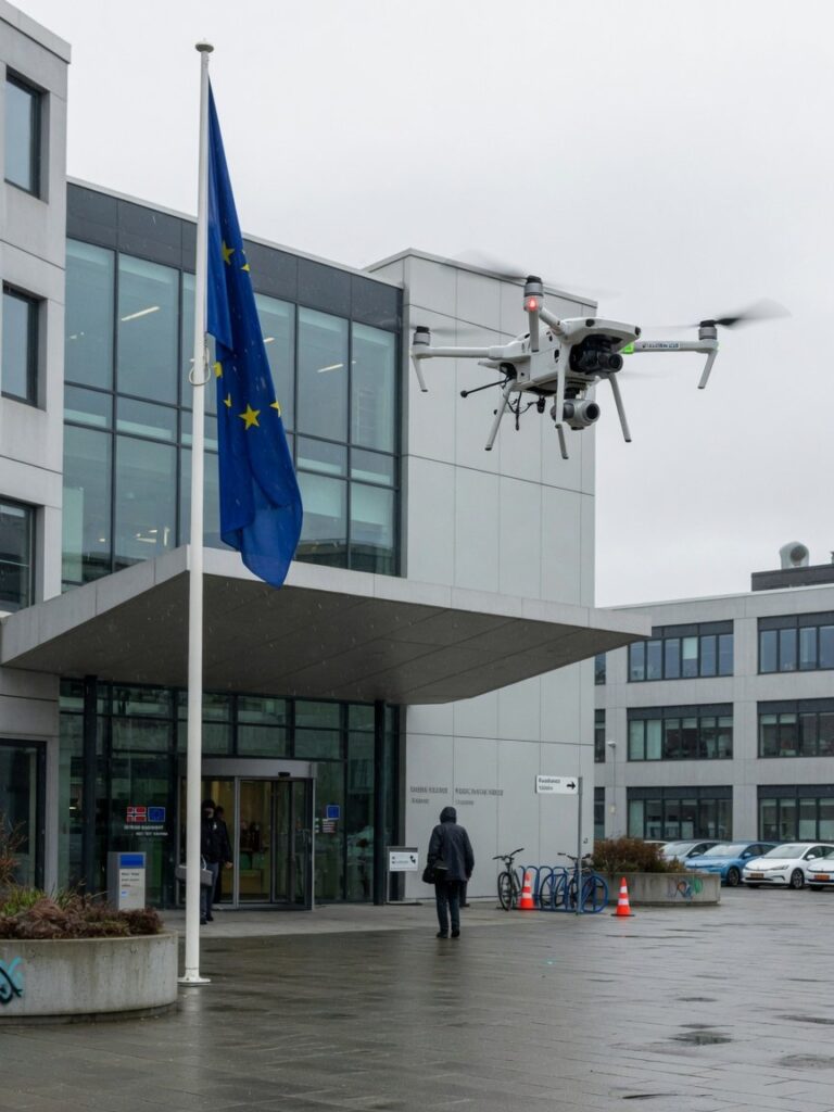 Kontorbygning med EU-flagg utenfor og en liten quadcopter-drone svevende i luften over plassen