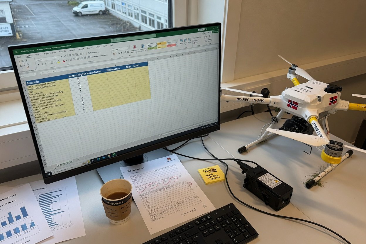 Skjerm med regneark og risikoberegninger ved siden av en industridrone på et kontorbord
