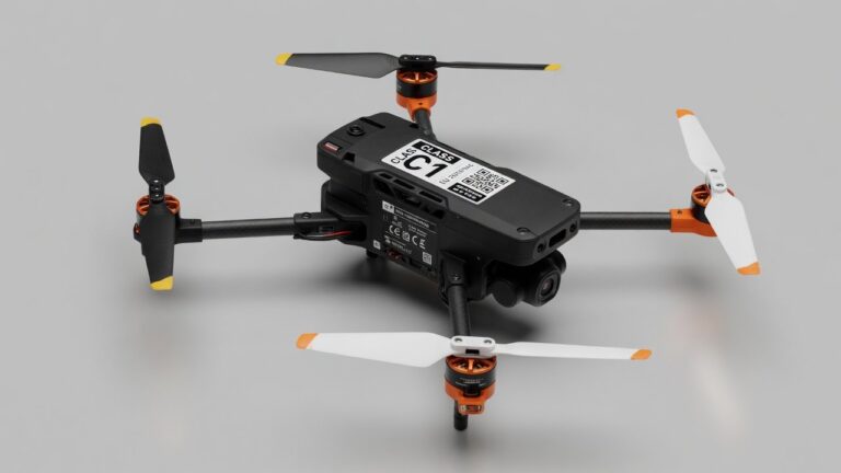 Profesjonell inspeksjonsdrone med fire rotorer og synlig klassemerke-etikett på nøytral bakgrunn
