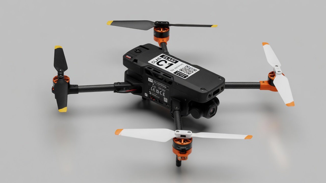 Profesjonell inspeksjonsdrone med fire rotorer og synlig klassemerke-etikett på nøytral bakgrunn