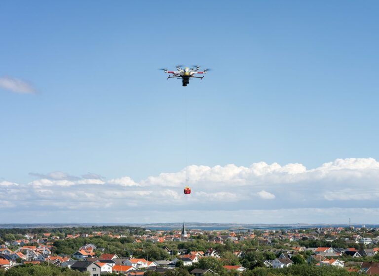 Everdrone E2 senker en hjertestarter ned i et boligområde med vinsj