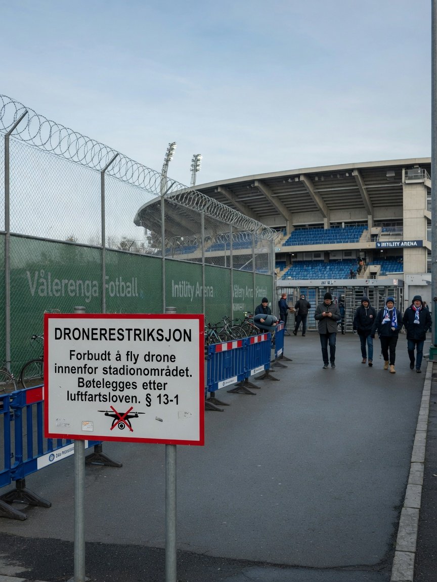 Skilt om dronerestriksjoner utenfor et stort stadionområde med publikumsinngang i bakgrunnen