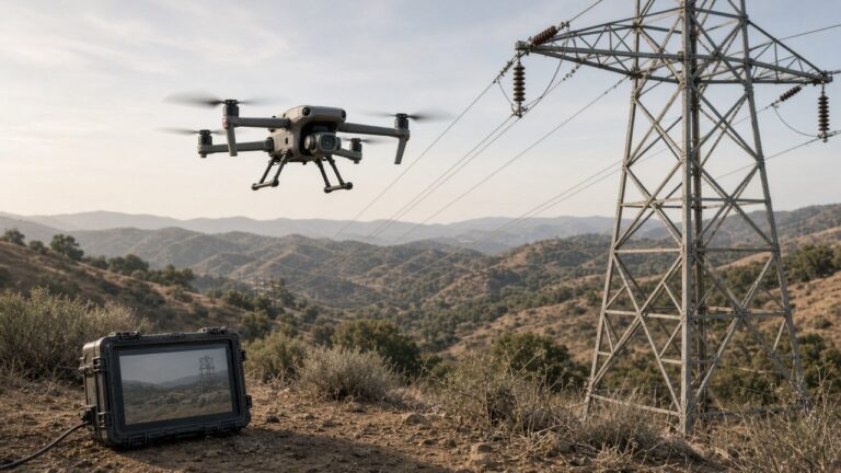 Industridrone i luften ved høyspentmast i tørt kalifornisk landskap, med bakkestasjon og laptop nede på bakken