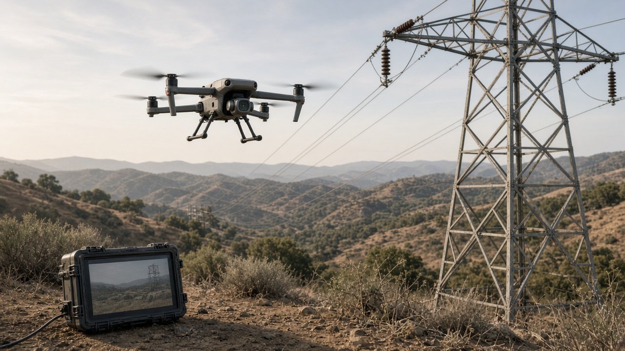 Industridrone i luften ved høyspentmast i tørt kalifornisk landskap, med bakkestasjon og laptop nede på bakken
