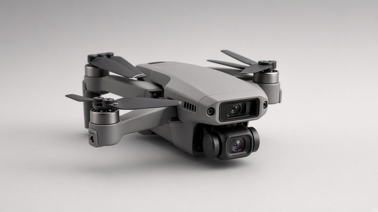 Nærbilde av liten forbrukerdrone med fremoverrettet LiDAR-sensor synlig i nesen