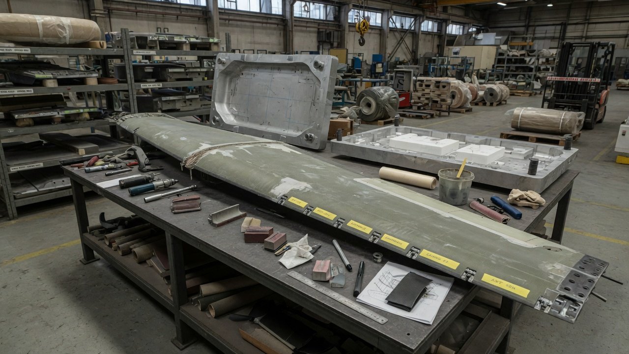 Kompositt-vinge til langdistansedrone på produksjonsbenk i industriell fabrikkhall