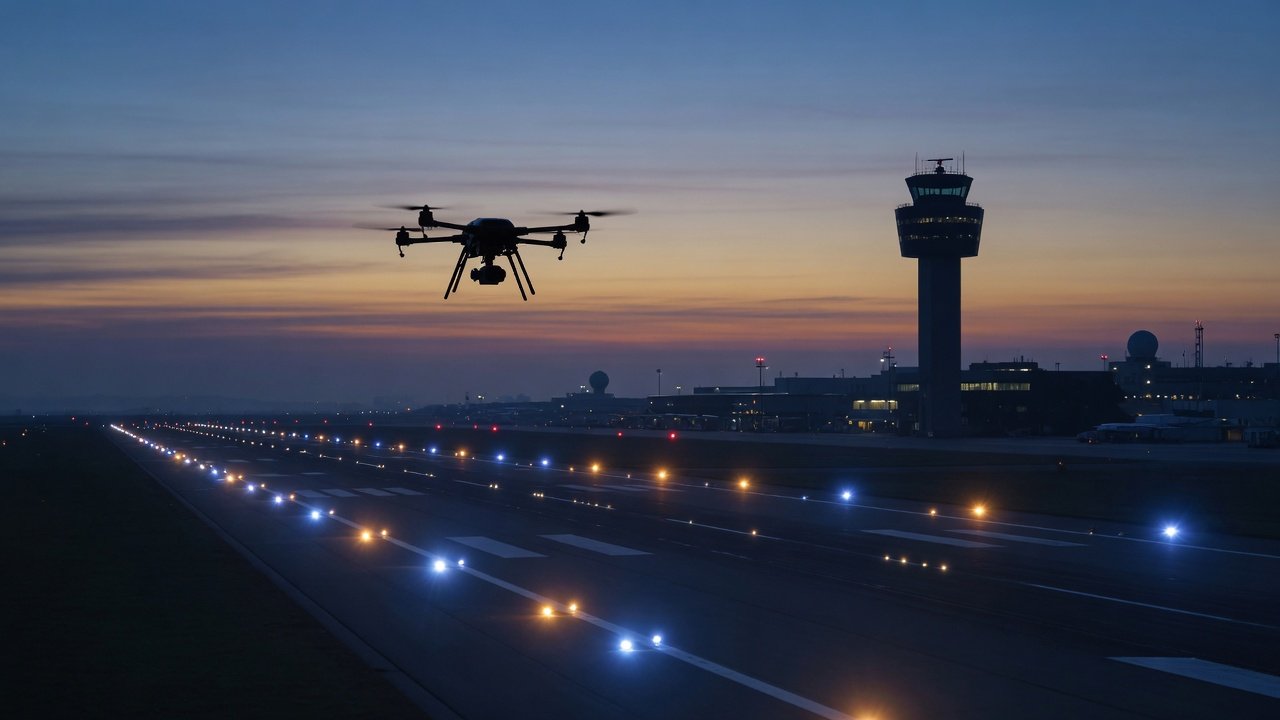 Liten drone i silhuett over en rullebane i skumring, med kontrolltårn i bakgrunnen.