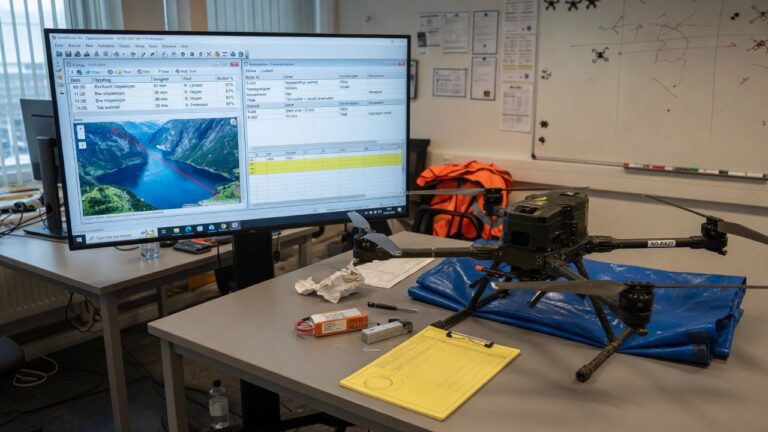 Skjerm med dashbord for droneoperasjoner, flylogger og risikoregister, med industridrone i bakgrunnen