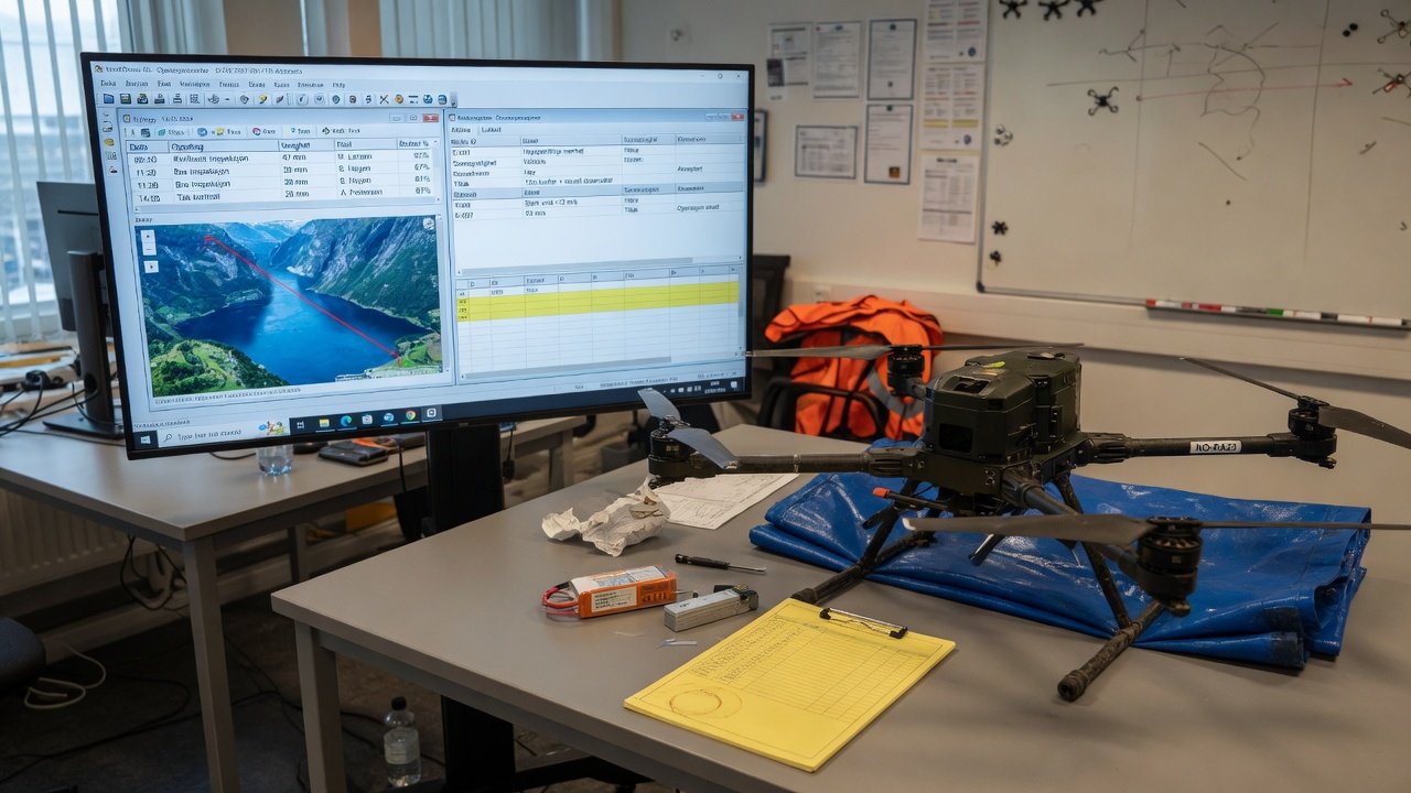 Skjerm med dashbord for droneoperasjoner, flylogger og risikoregister, med industridrone i bakgrunnen