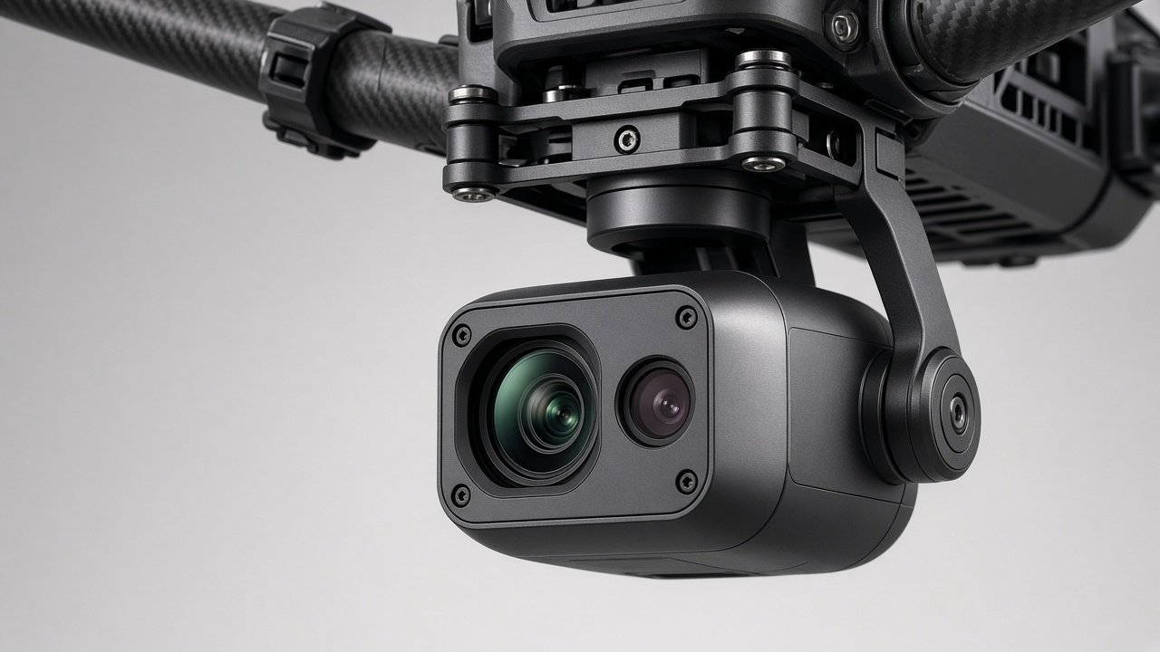 Stabilisert EO/IR-gimbal med optisk og termisk kameralinse montert under droneramme, mot nøytral bakgrunn