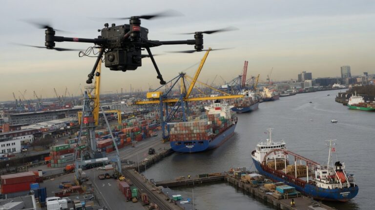 Drone over Hamburgs havneområde med containerkraner og trafikkert luftrom i bakgrunnen