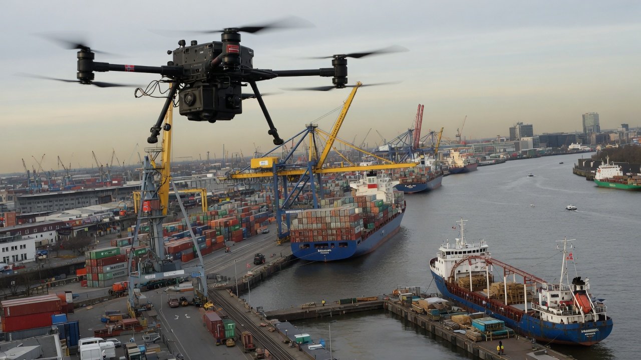 Drone over Hamburgs havneområde med containerkraner og trafikkert luftrom i bakgrunnen