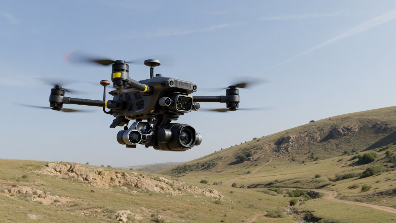 Kompakt kartleggingsdrone i luften over terreng med avanserte sensorer og kamera.