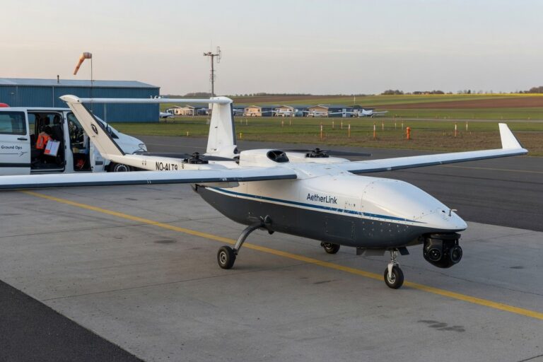 VTOL-drone med fast vinge og sensorkamera i nesen, klar for langdistanseflyging over åpent landskap