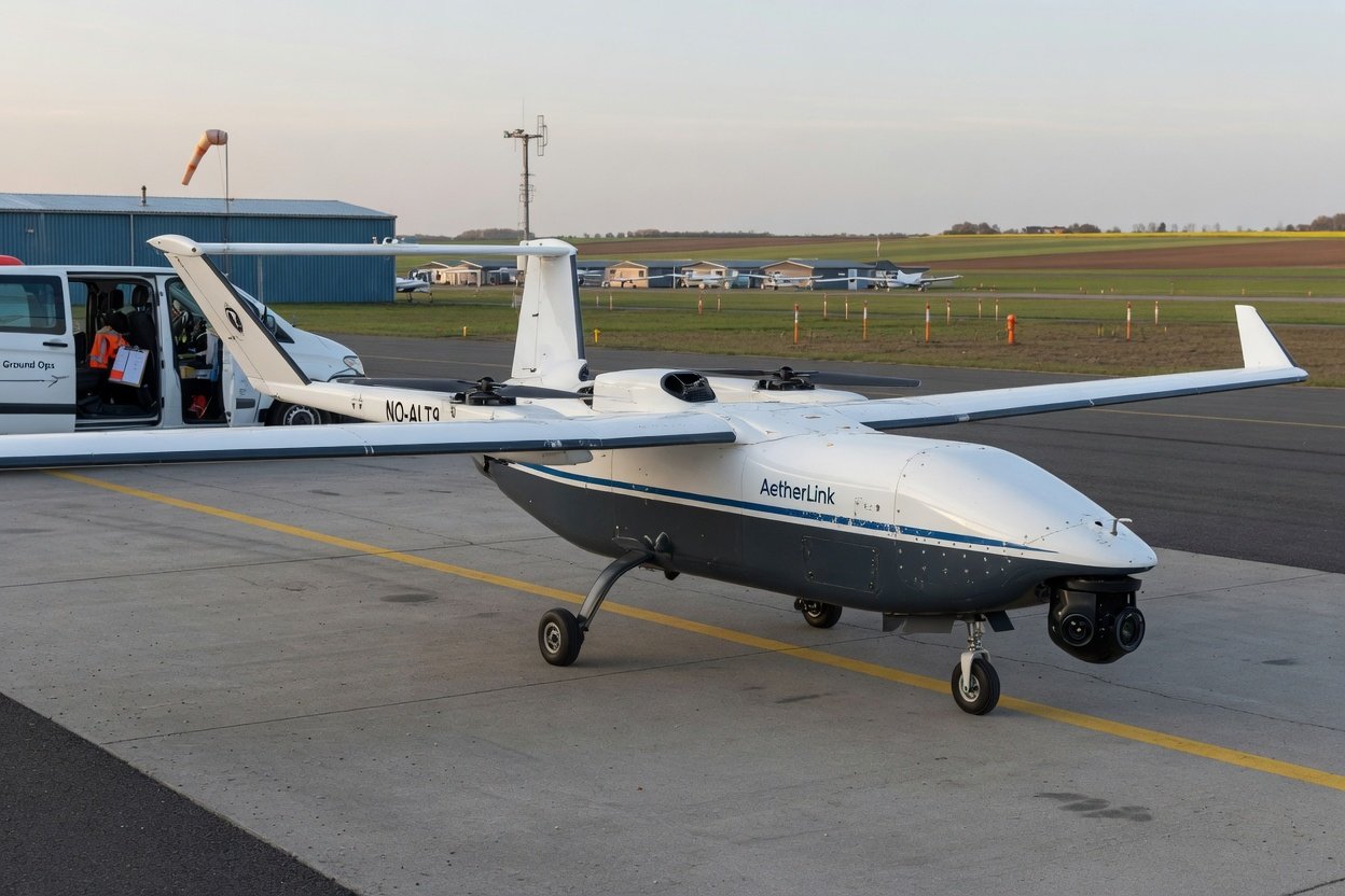 VTOL-drone med fast vinge og sensorkamera i nesen, klar for langdistanseflyging over åpent landskap