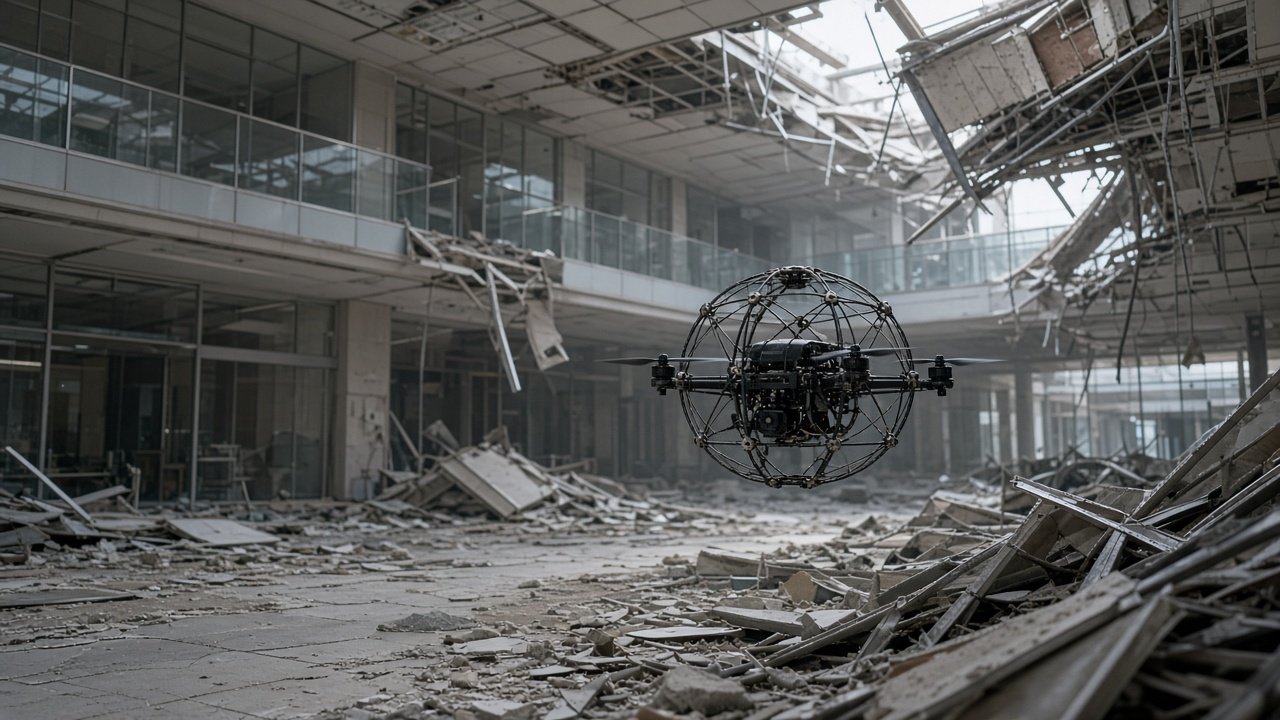 Liten innendørs inspeksjonsdrone med beskyttelsesbur svever i en skadet butikkhall med sammenraste takplater