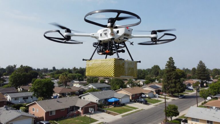 Hvit leveringsdrone svever over forstadsområde med pakke under skroget