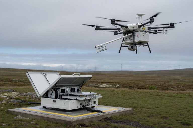 Hvit multirotor værdrone med sensorarm stiger opp fra automatisert bakkestasjon på en åpen slette