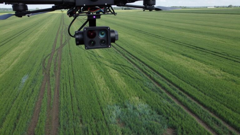 Multispektralt kamera under drone over grønn kornåker med kjørespor fra traktor