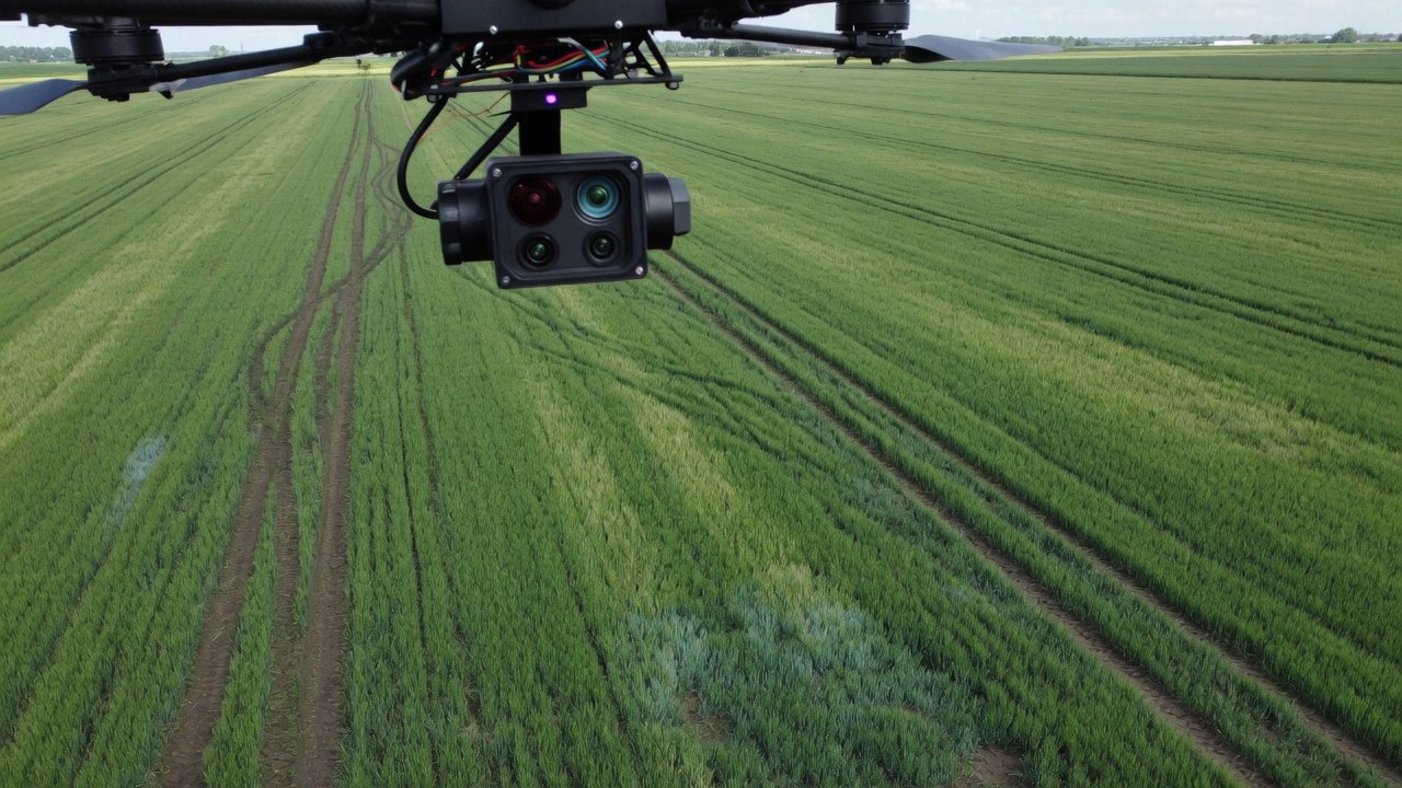 Multispektralt kamera under drone over grønn kornåker med kjørespor fra traktor