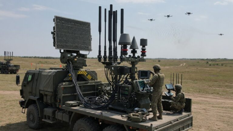 Mobilt counter-UAS-system med radarantenne og jammer-utstyr på militært øvingsfelt