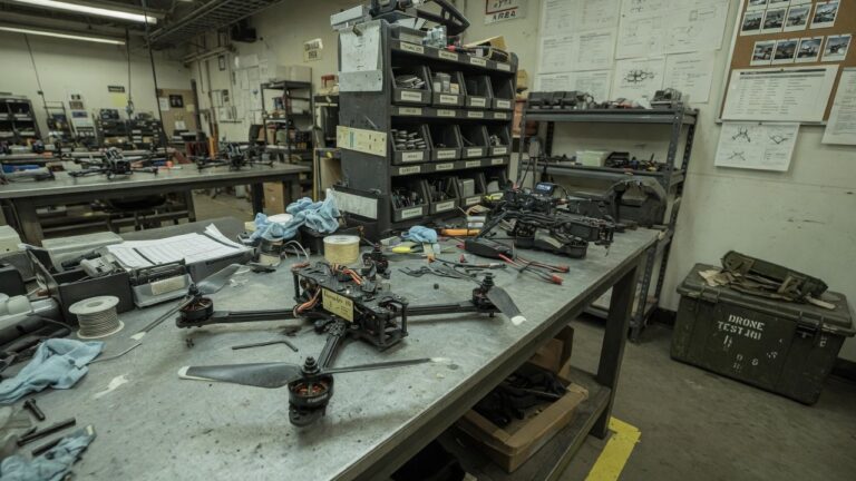 Kompakt FPV-drone med fire rotorer og karbonramme på arbeidsbenk i amerikansk produksjonslokale