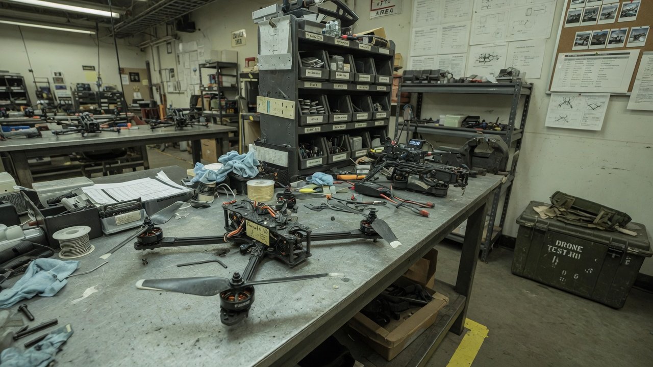 Kompakt FPV-drone med fire rotorer og karbonramme på arbeidsbenk i amerikansk produksjonslokale