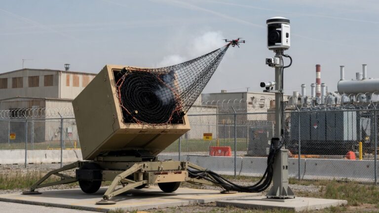Bakke-montert droneforsvarsystem med nettfangstmodul og optisk sensor ved industrianlegg.