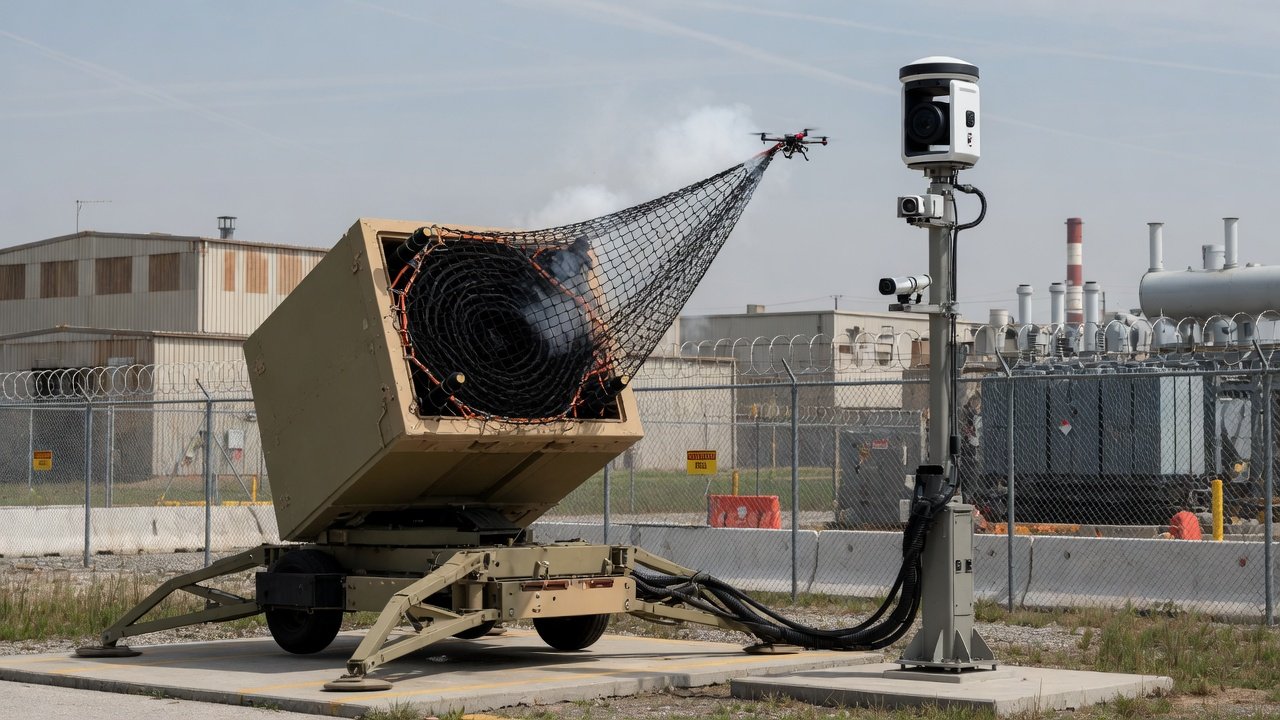 Bakke-montert droneforsvarsystem med nettfangstmodul og optisk sensor ved industrianlegg.