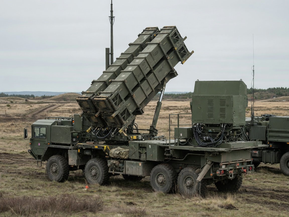 Patriot-launcher med oppreiste missilrør på militært kjøretøy, med radarantenne i bakgrunnen.