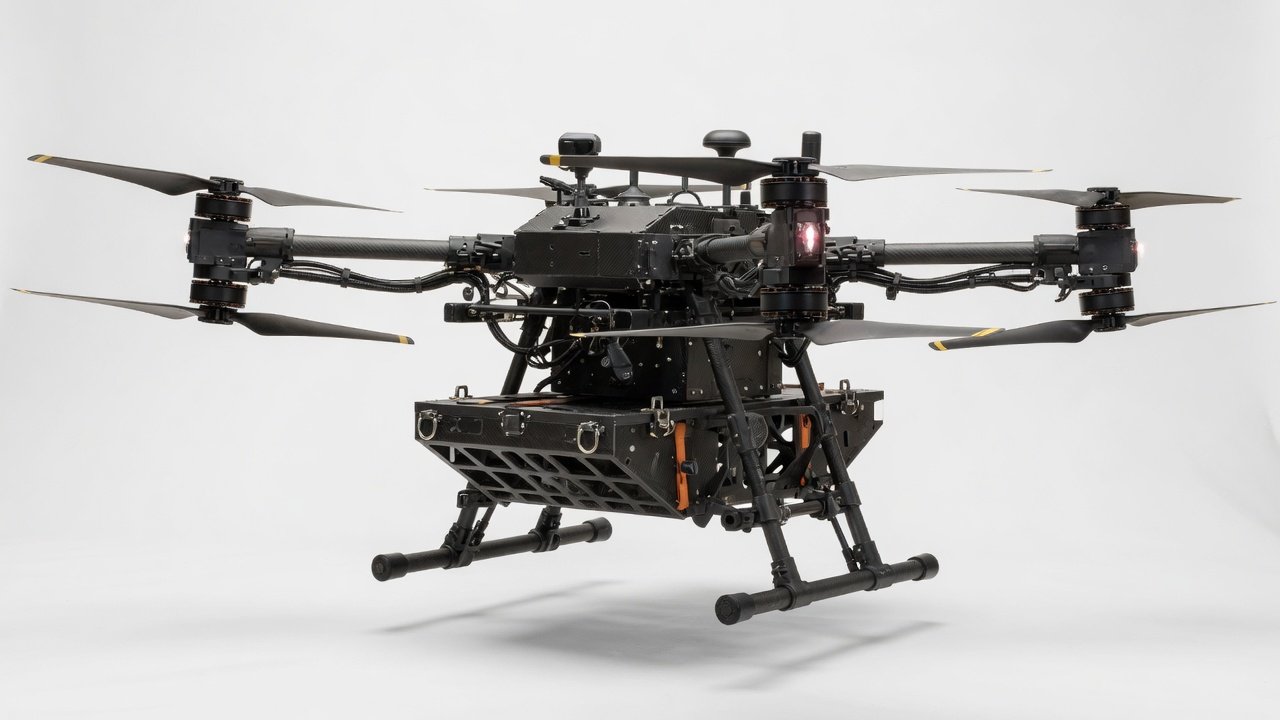 Profesjonell industridrone med flere rotorer designet for industrielle oppgaver.