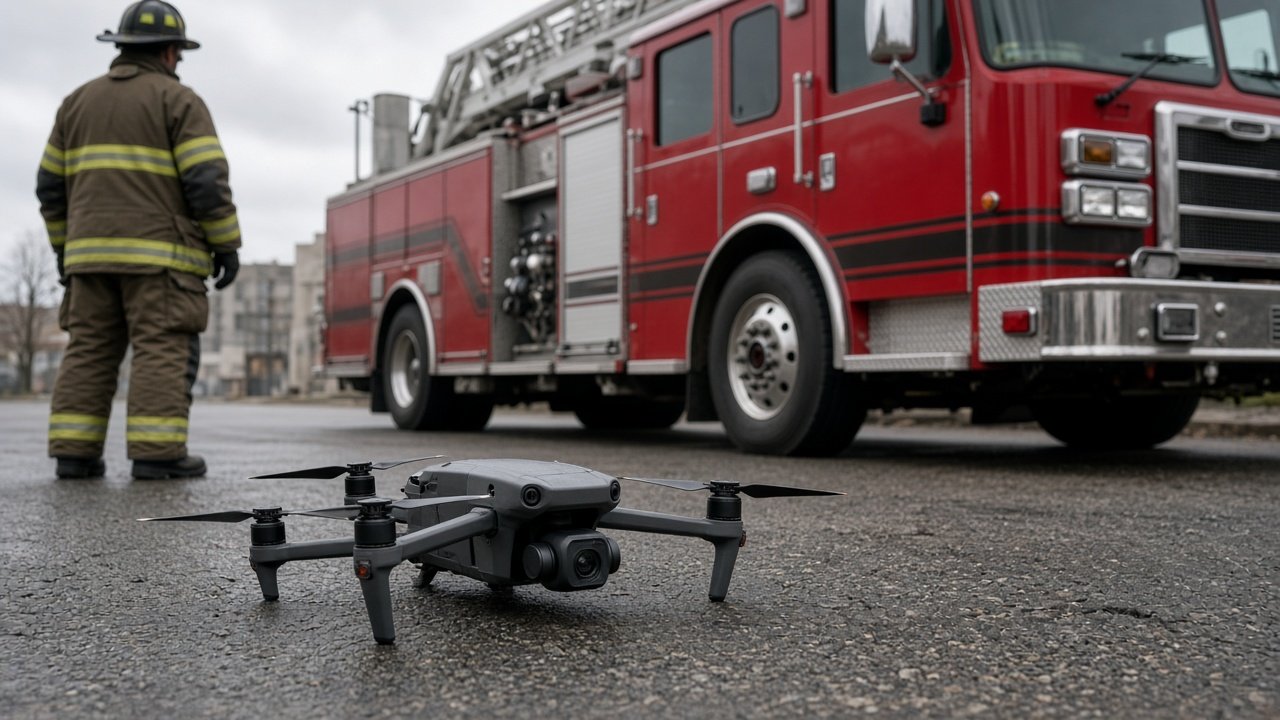 Amerikansk brannmann i uniform ved siden av liten nødetatsdrone med termisk kamera på asfalt
