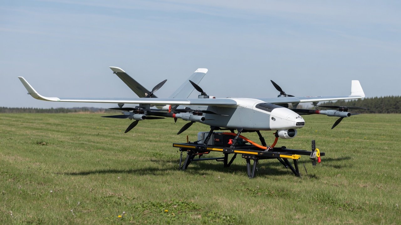 VTOL-drone med fast vinge og elektrisk motor på gresslette, klar for oppstart.