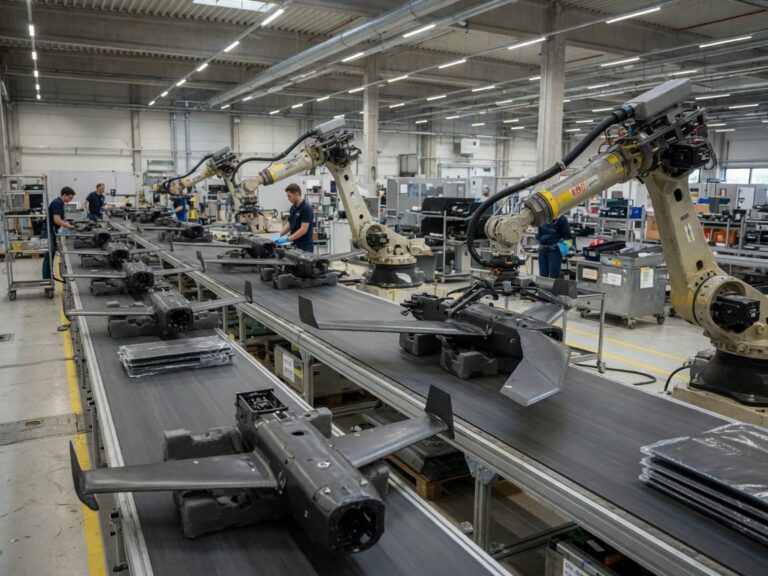 Industriell produksjonslinje med droneskrog og robotarmer i en moderne fabrikkhall