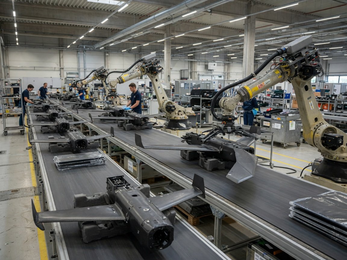 Industriell produksjonslinje med droneskrog og robotarmer i en moderne fabrikkhall