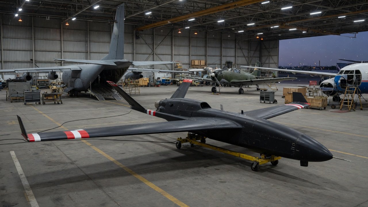 Svart fastvinget måldronefly i stor industrihangar med andre fly synlig i bakgrunnen