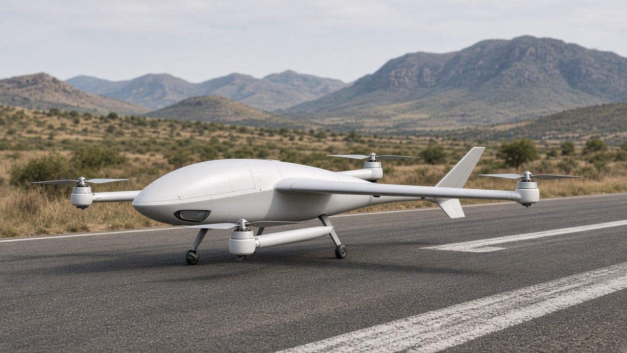 Fixed-wing VTOL-drone med fire løfterotorer og hvitt kompositskrog på asfaltert flystripe