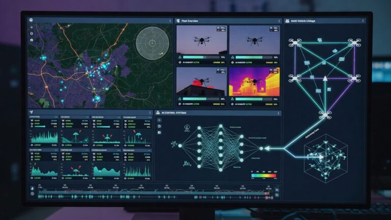 Autonomiprogram for droner vises på dataskjerm med sanntidsflydatakontroll og AI-styring.