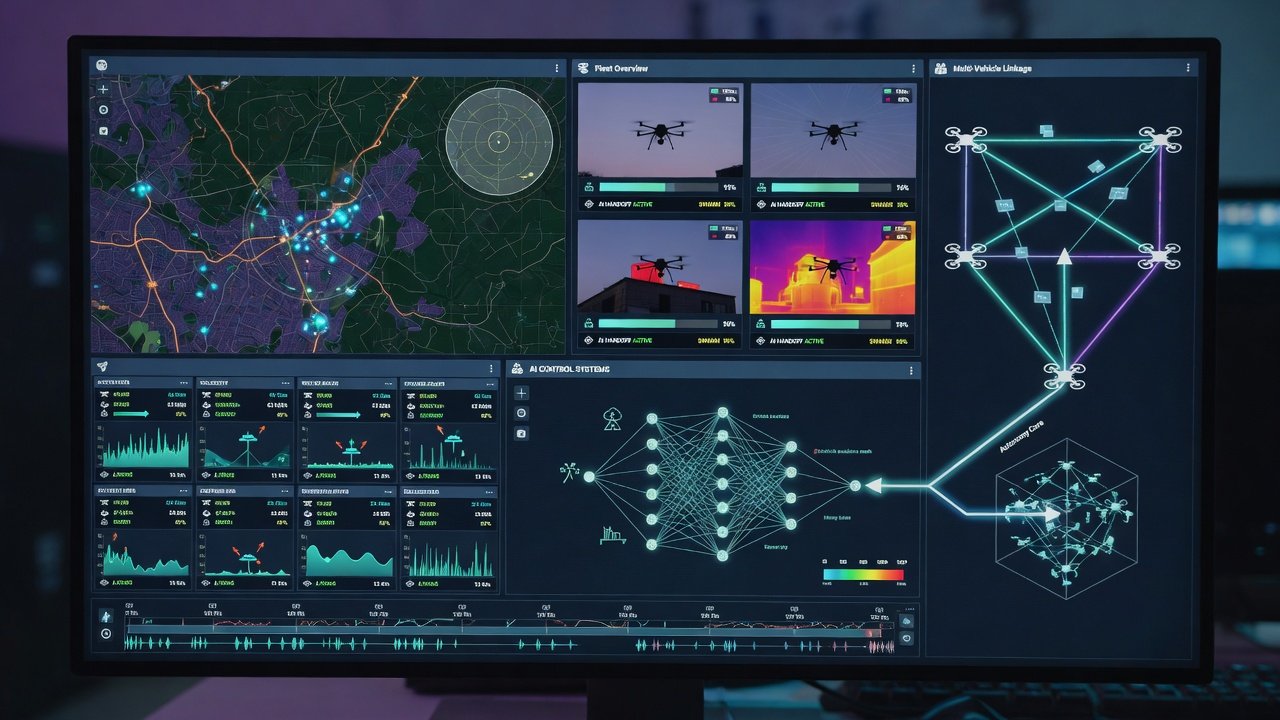 Autonomiprogram for droner vises på dataskjerm med sanntidsflydatakontroll og AI-styring.