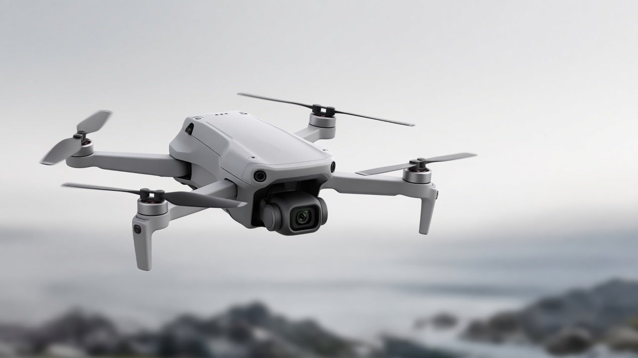 Liten sammenleggbar kameradrone med gimbal svevende over kystlandskap i solskinn