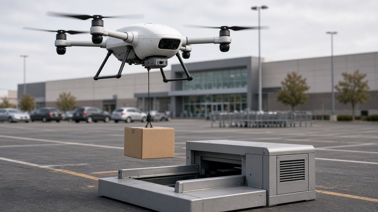 Hvit leveringsdrone svever over pakke festet i wire på parkeringsplass utenfor amerikansk butikk