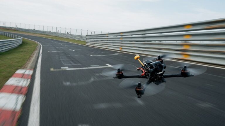 FPV-racerdrone i fart lavt over en asfaltert racerbane med rekkverk i bakgrunnen.