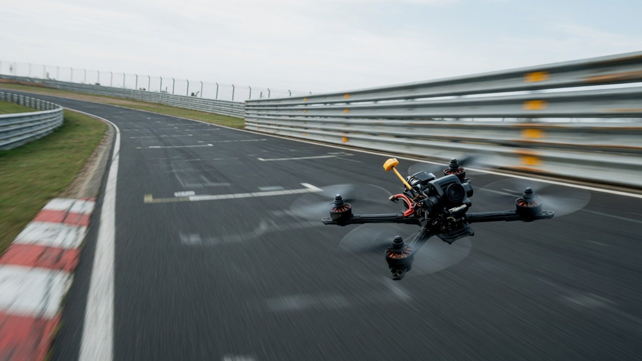 FPV-racerdrone i fart lavt over en asfaltert racerbane med rekkverk i bakgrunnen.