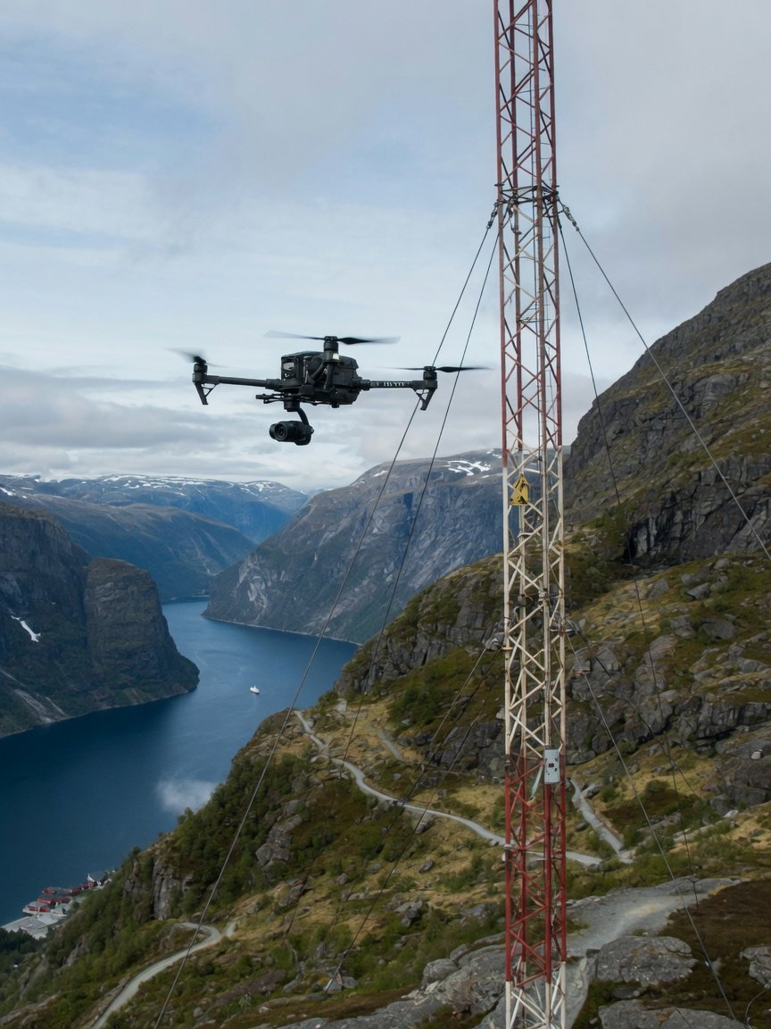Quadkopter-drone som svever ved siden av en høy mobilmast i kupert norsk landskap