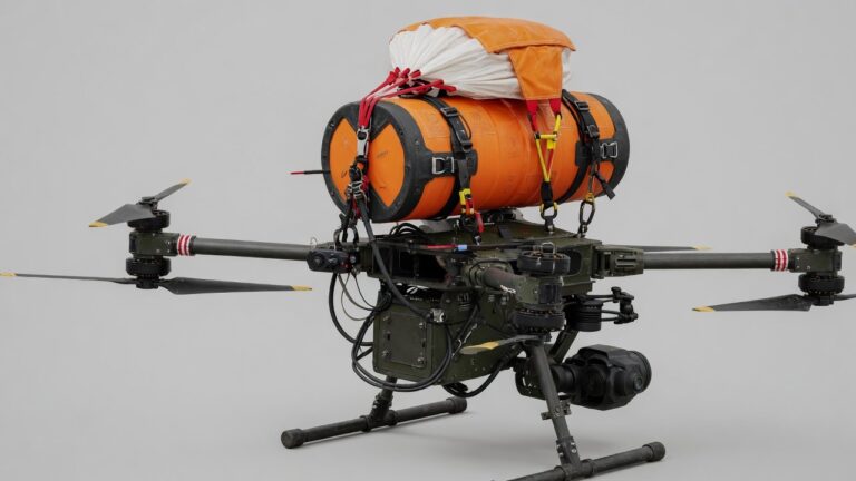 Industriell drone med montert fallskjermsystem på toppen, klar for nødsituasjon.