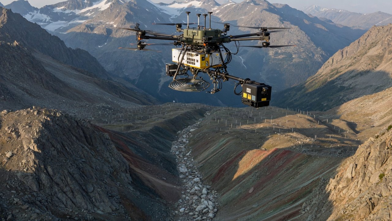 Profesjonell kartleggingsdrone med sensor flyr over kupert fjellterreng under geofysisk oppmåling