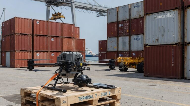 Enterprisedrone med termisk kamerapayload plassert på lasteplate ved siden av fraktcontainere i havneterminal